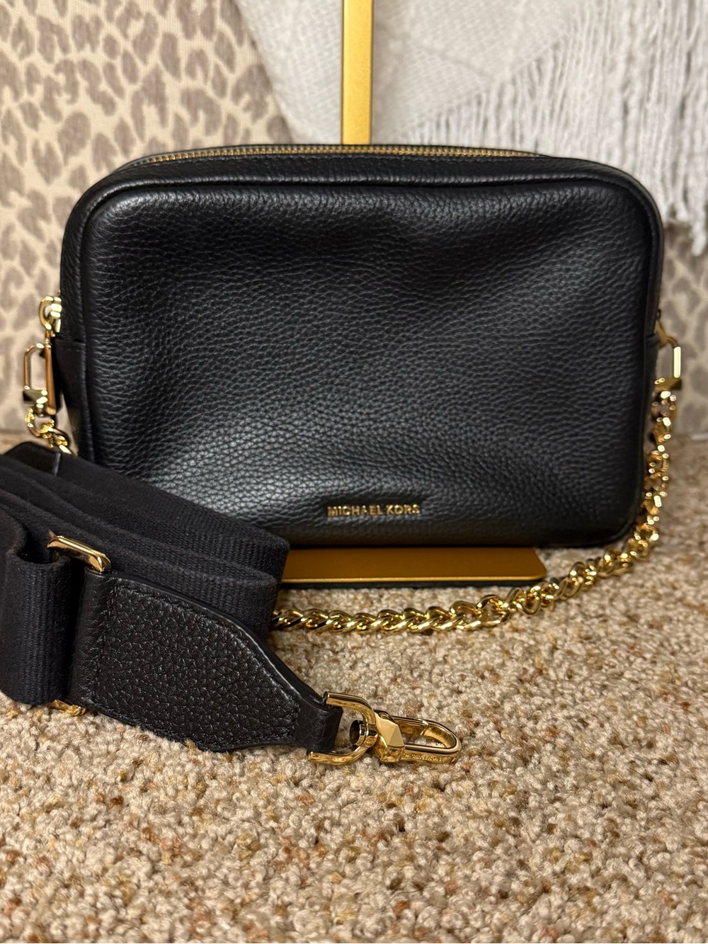 Michael Kors Bryant Black Pebbled Leather Camera Crossbody Bag with Gold Chain